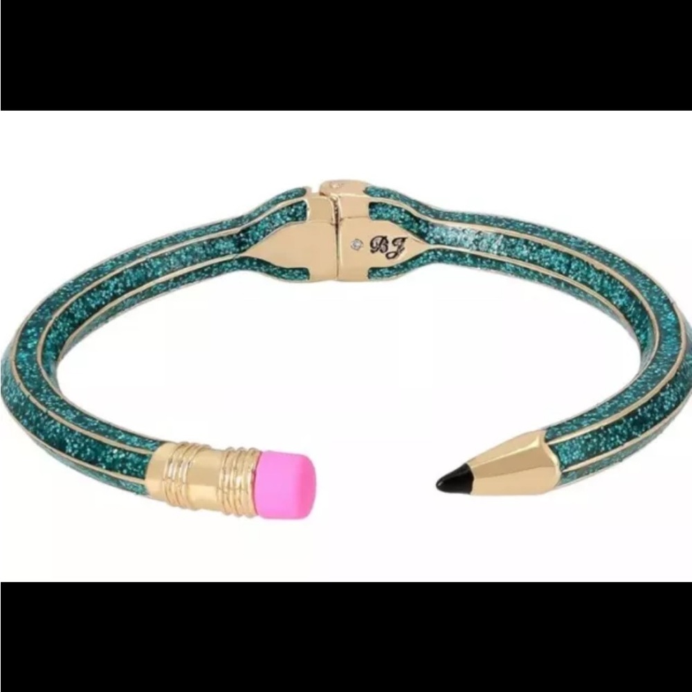 BETSEY JOHNSON ‘Back to School’ Green Sparkly Glitter Hinged Pencil Bracelet NEW
